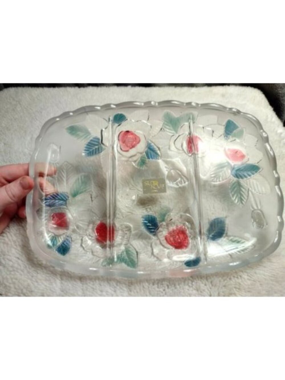 Studio Nova Serving Tray Dish 3-Part Clear Rose Flower Embossed Platter